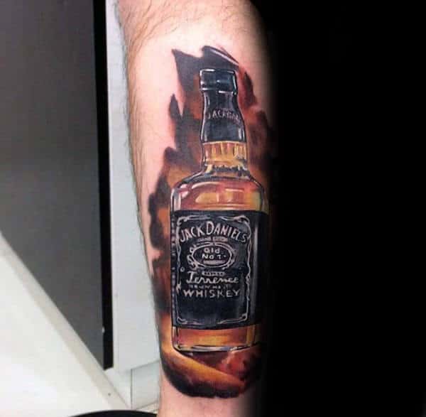 Masculine Jack Daniels Lower Leg Tattoo On Guy