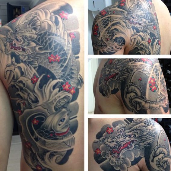 Masculine Koi Dragon Half Back Mens Japanese Tattoos