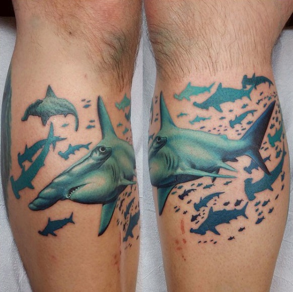 Masculine Leg Calf Hammerhead Shark Tattoo Designs With Blue Ink