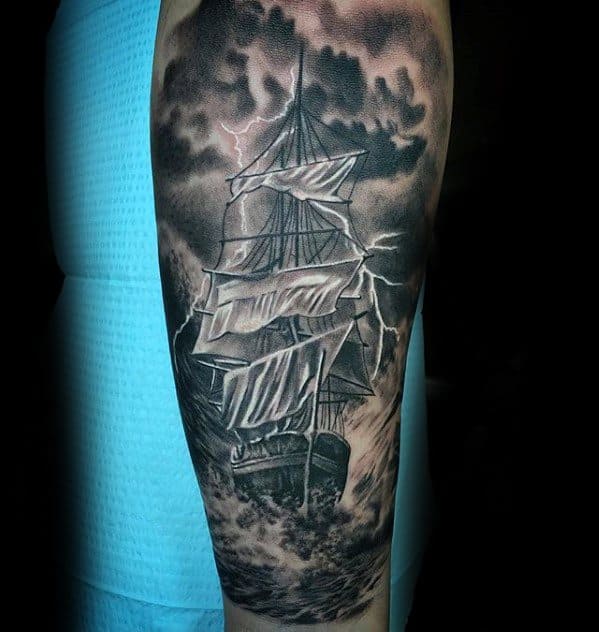 Masculine Leg Ship Thunderstorm Tattoos For Men