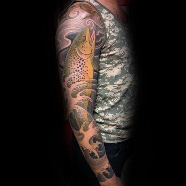 Masculine Male Full Arm Sleeve Japanese Trout Fish Themed Tattoos