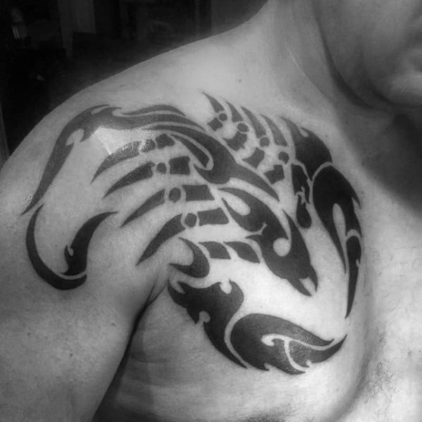 Masculine Male Scorpion Tribal Upper Chest Tattoo Ideas