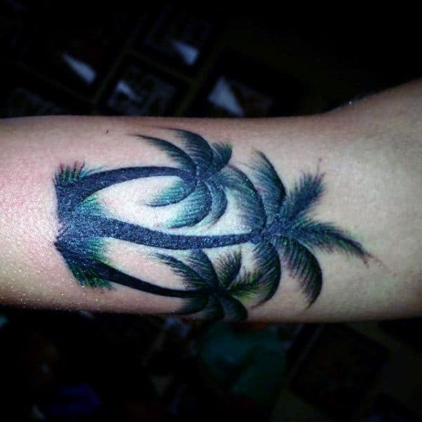 Masculine Mens Black Green Shaded Palm Tree Tattoos On Wrist