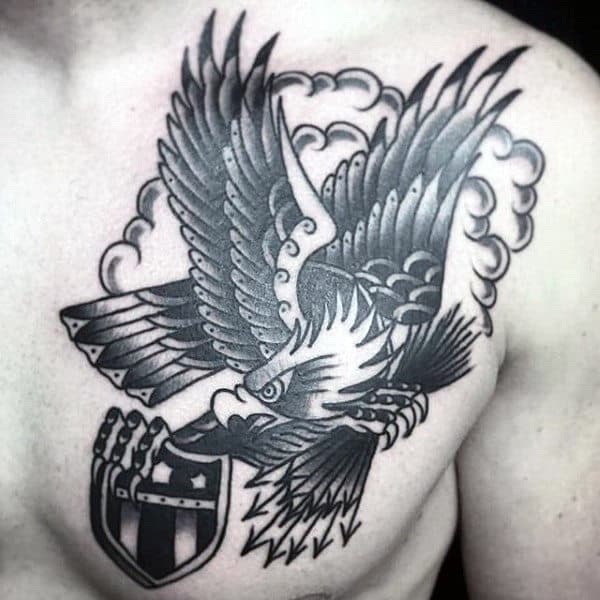 Masculine Mens Black Shaded Traditional Eagle With Arrows And Shield Tattoo On Chest