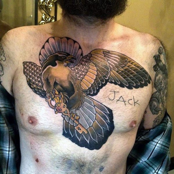 Masculine Mens Falcon With Key Upper Chest Tattoo Ideas