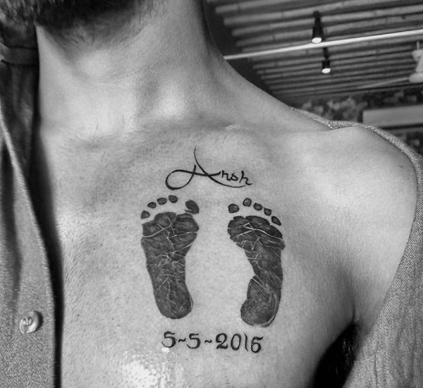 Masculine Mens Footprint Birthday Tattoo On Upper Chest