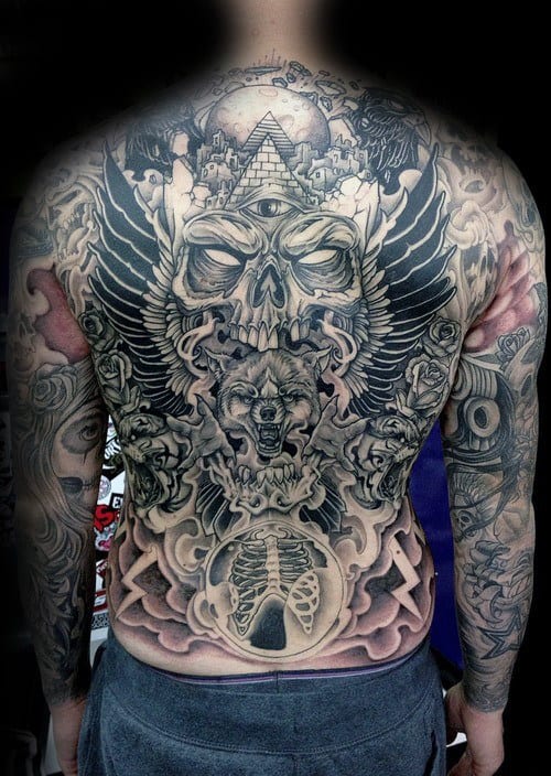 Masculine Mens Full Back Tattoo Design With Skull