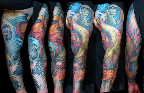 Masculine Mens Full Sleeve Catfish Themed Tattoo Ideas