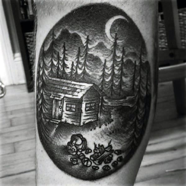 Masculine Mens Leg Cabin In The Woods Tattoo
