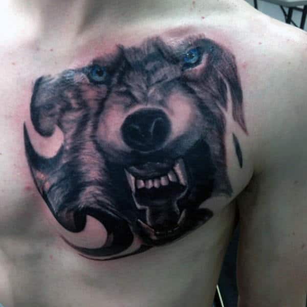 Masculine Mens Shaded Blue Eye Wolf Upper Chest Tattoos