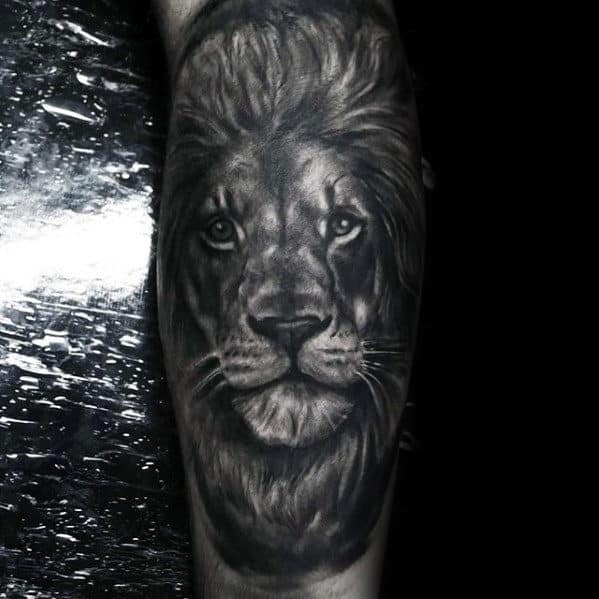 Masculine Mens Shaded Lion Head Leg Tattoo