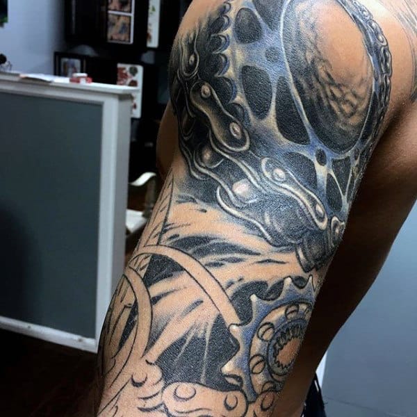 Masculine Mens Sleeve Tattoo Of Motocross Gears And Chain