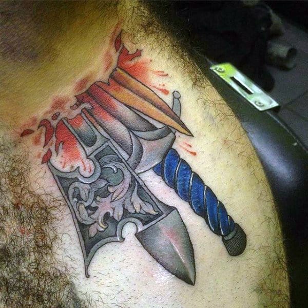 Masculine Mens Swords Tattoo Going Into Neck