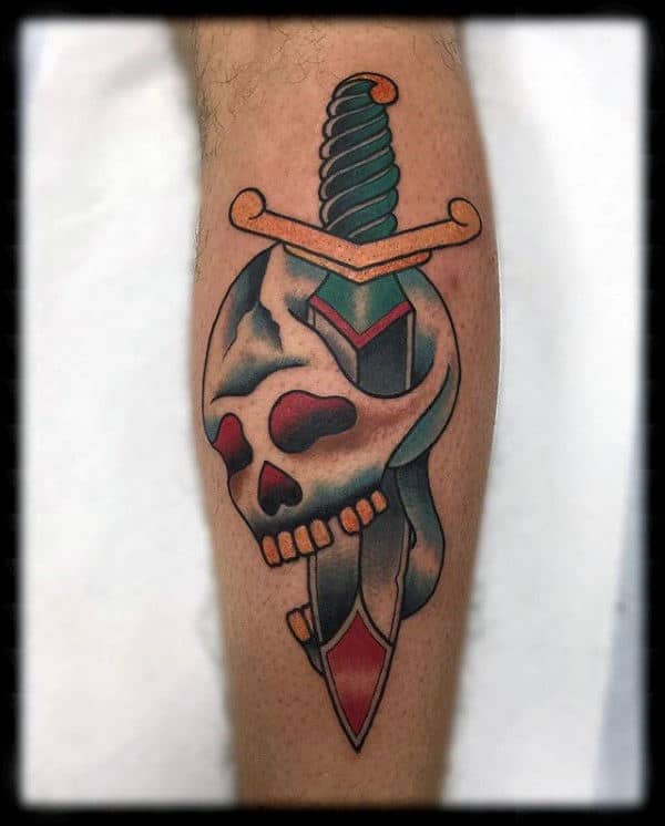 Masculine Mens Traditional Dagger Skull Guys Leg Tattoo Ideas