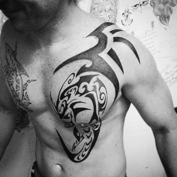 Masculine Mens Tribal Dragon Tattoos On Chest