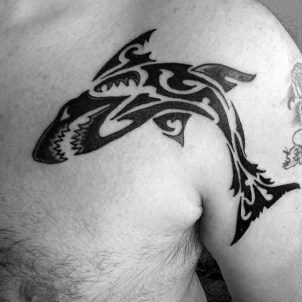 Masculine Mens Upper Chest Tribal Shark Tattoos