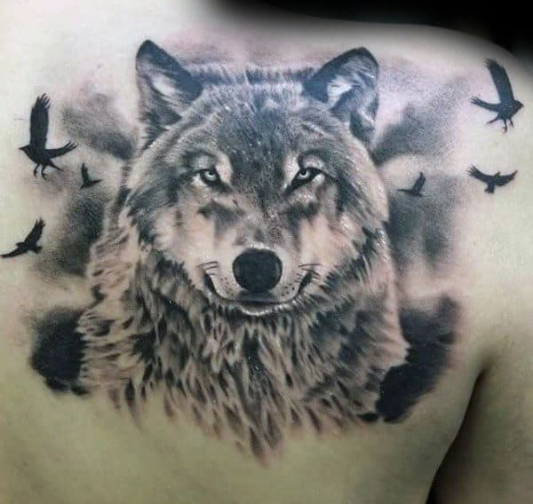 Masculine Mens Wolf With Flying Birds Upper Back Tattoo