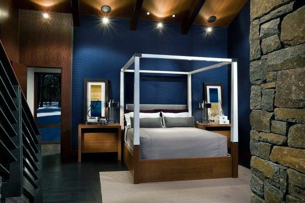 four post bed blue feature walls 