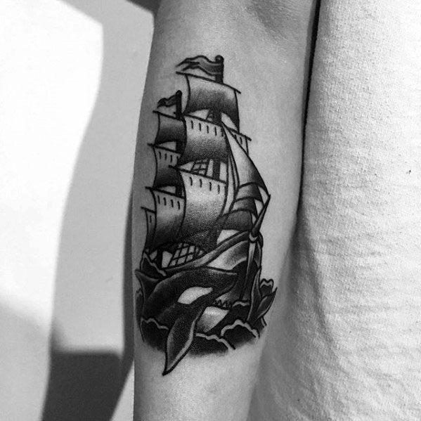 Masculine Orca Sailing Ship Arm Tattoos For Men