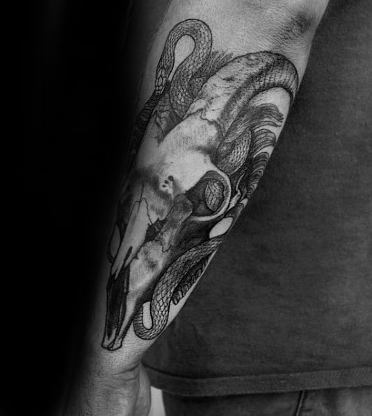 Masculine Outer Forearm Goat Skull And Snake Design Guys Shaded Tattoos