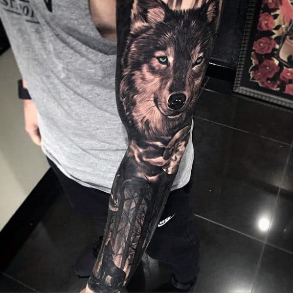 Masculine Realistic Wolf Sleeve Tattoo Designs For Men