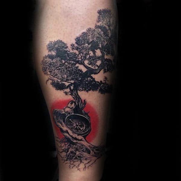 Masculine Red And Black Ink Bonsai Tree Leg Tattoos