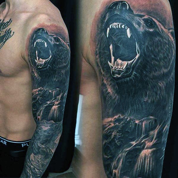 Masculine Roaring Bear Waterfall Mens Full Sleeve Tattoo
