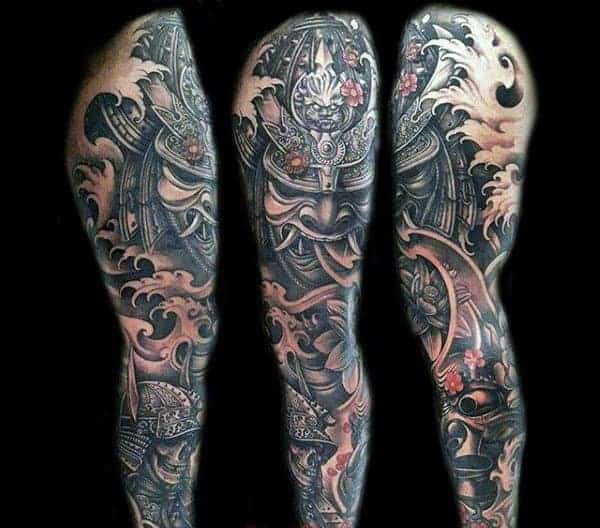 masculine-samurai-mask-and-sull-warrior-full-sleeve-tattoo-for-men