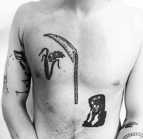 Masculine Scythe Tattoos For Men On Chest