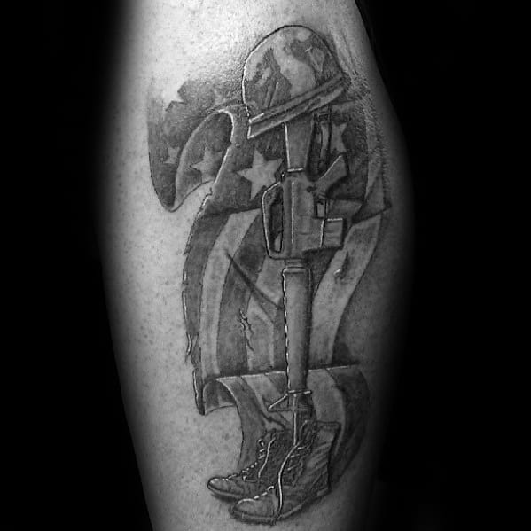 Masculine Shaded Fallen Soldier Cross Tattoo Design On Man