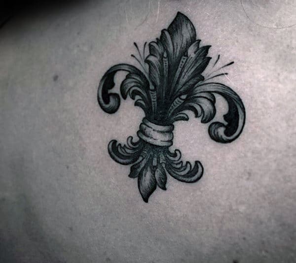 Masculine Shaded Fleur De Lis Tattoo On Mans Back