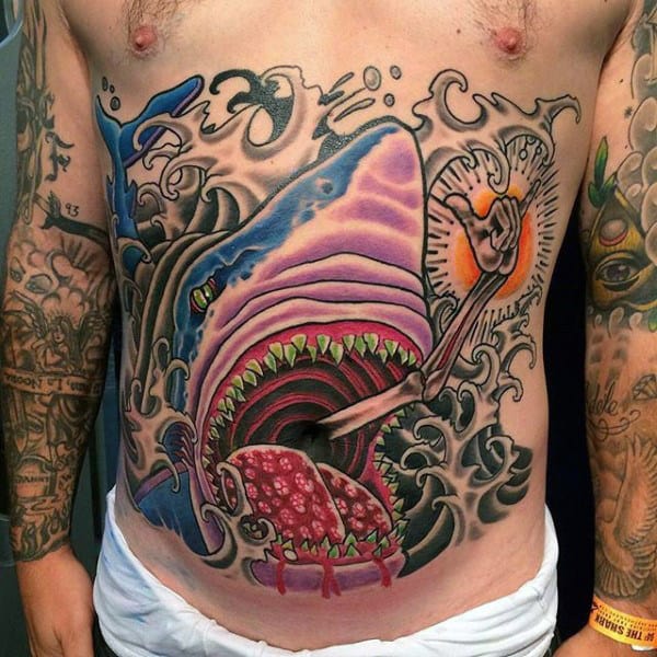 Masculine Shark With Skeleton Arm Modern Guys Chest Tattoo
