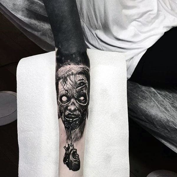 Masculine Sleeve Zombie Tattoo With Heart In Black Ink For Men