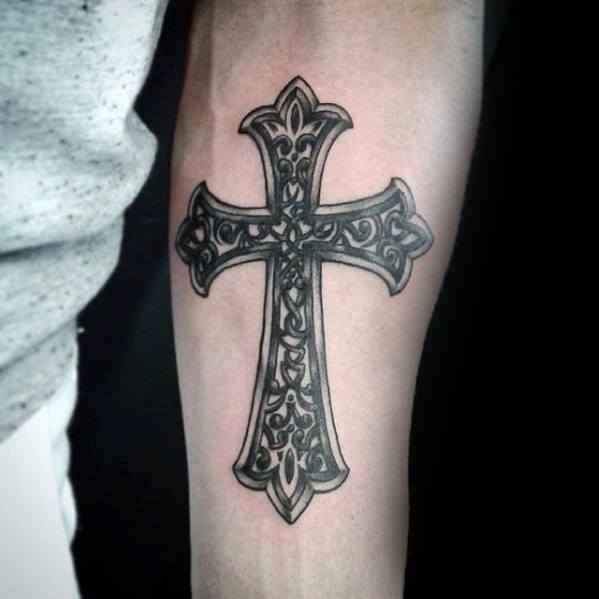 Masculine Small Religious Corss Guys Inner Forearm Tattoo
