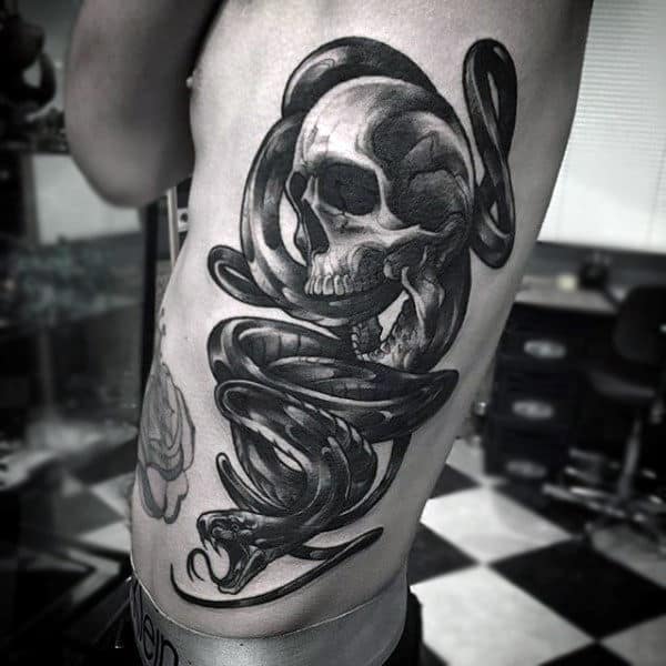 Masculine Snake And Skull Animal Rib Cage Side Tattoos For Guys