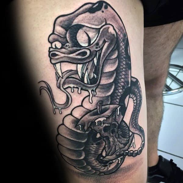 Masculine Snake With Apple Core Thigh Tattoo