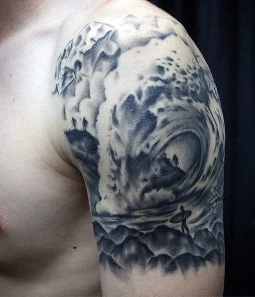 Masculine Sun And Wave Tattoo On Arm