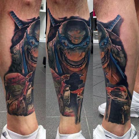Masculine Teenage Mutant Ninja Turtle Leg Tattoo On Man