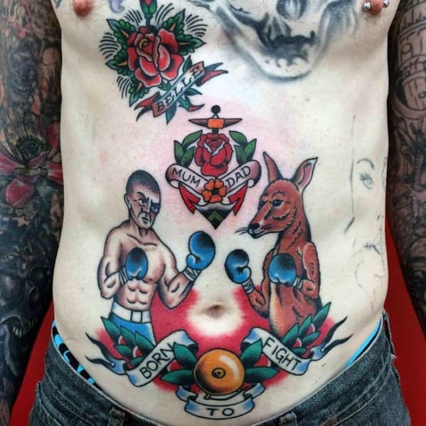 Masculine Traditional Boxer And Kangaroo Mens Born To Fight Stomach Tattoo
