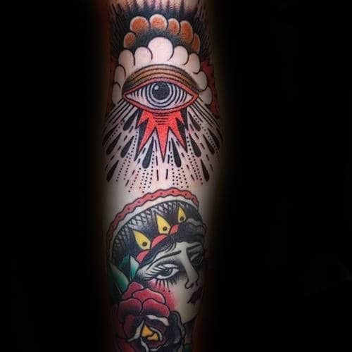 Masculine Traditional Guys Eye Tattoo On Arm