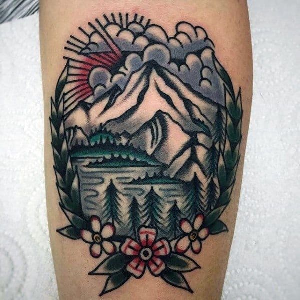 Masculine Traditional Mountain Tattoos For Men