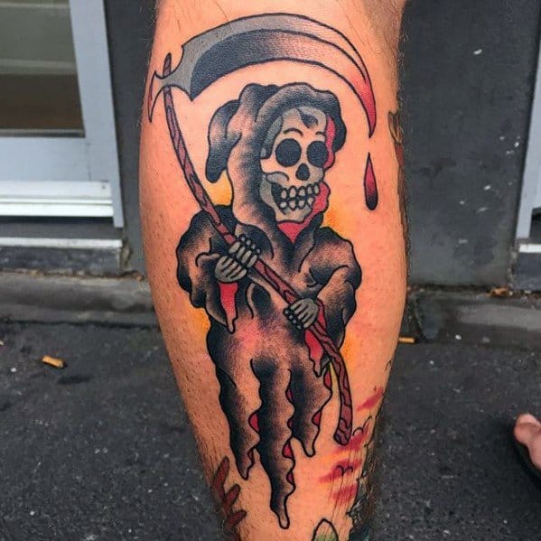 Masculine Traditional Reaper Tattoos For Men Side Of Leg