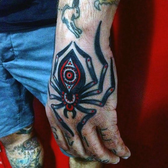 Masculine Traditional Spider Mens Hand Tattoo