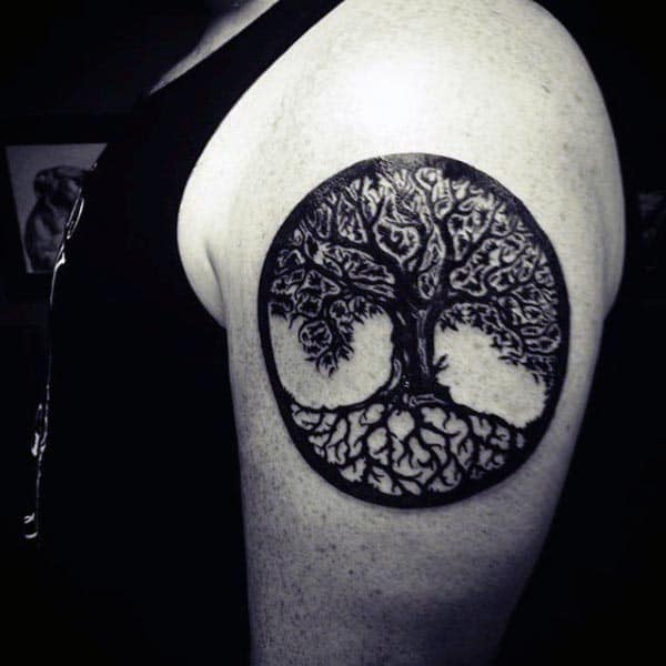 Masculine Tree Of Life Guys Upper Arm Black Ink Tattoo Design Inspiration