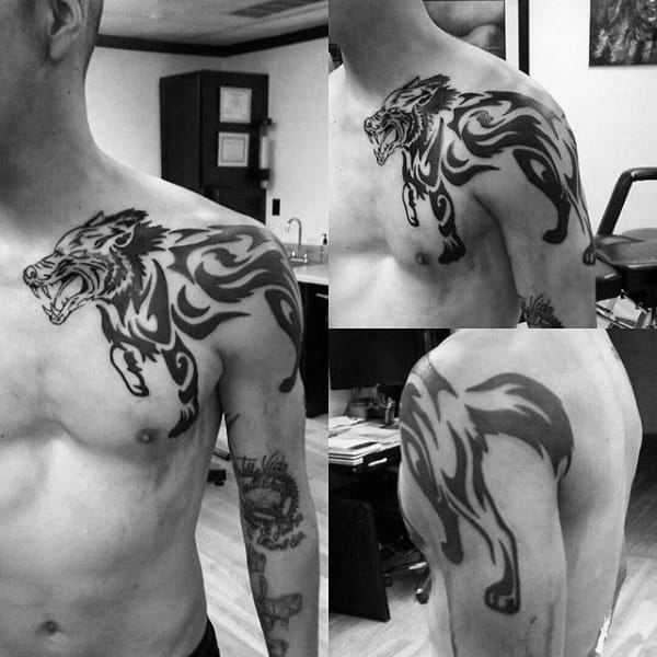 Masculine Tribal Wolf Shoulder And Chest Male Tattoos