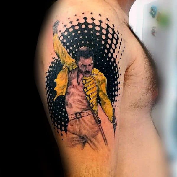 Masculine Upper Arm Black And Yellow Freddie Mercury Tattoos For Men