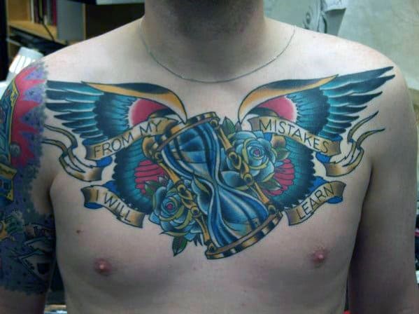Masculine Upper Chest Mens Traditional Hourglass Angel Wings Retro Tattoo