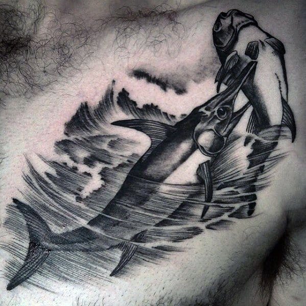 Masculine Upper Chest Waves Swordfish Tattoos For Men