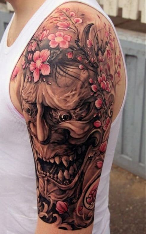 Mask Cherry Blossom Mens Half Sleeve Japanese Tattoo Ideas