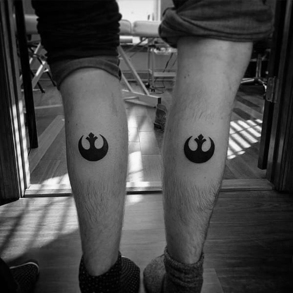 matching brother symbol back of leg calf black ink tattoo designs